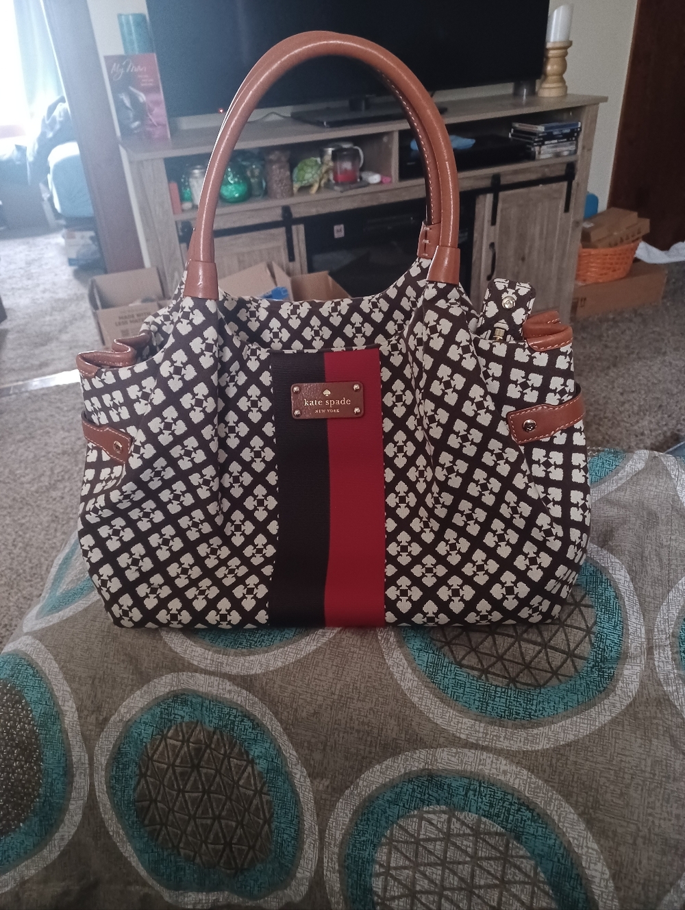 kate spade Black & White Printed Satchel with Red Stripe and Tan Handles